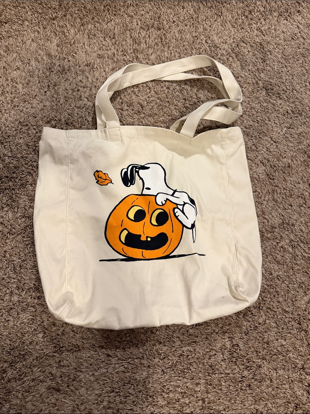 Cream Canvas Tote Bag with Orange Pumpkin Graphic